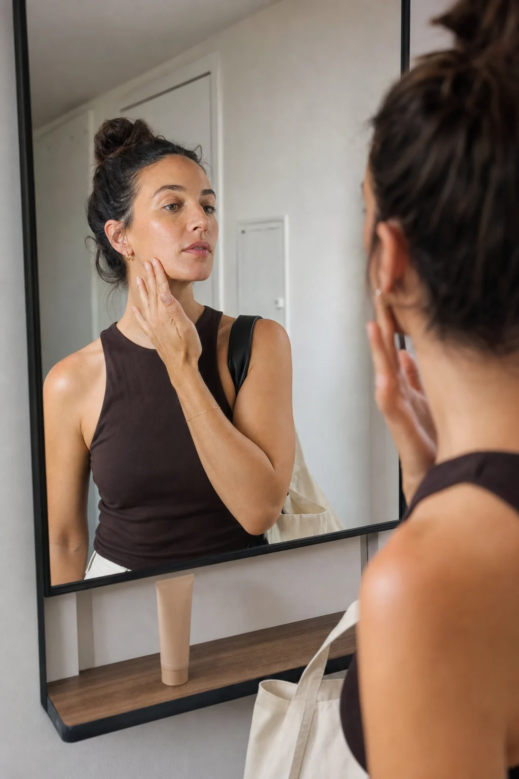 Woman blending skin tint in a hallway mirror before leaving home