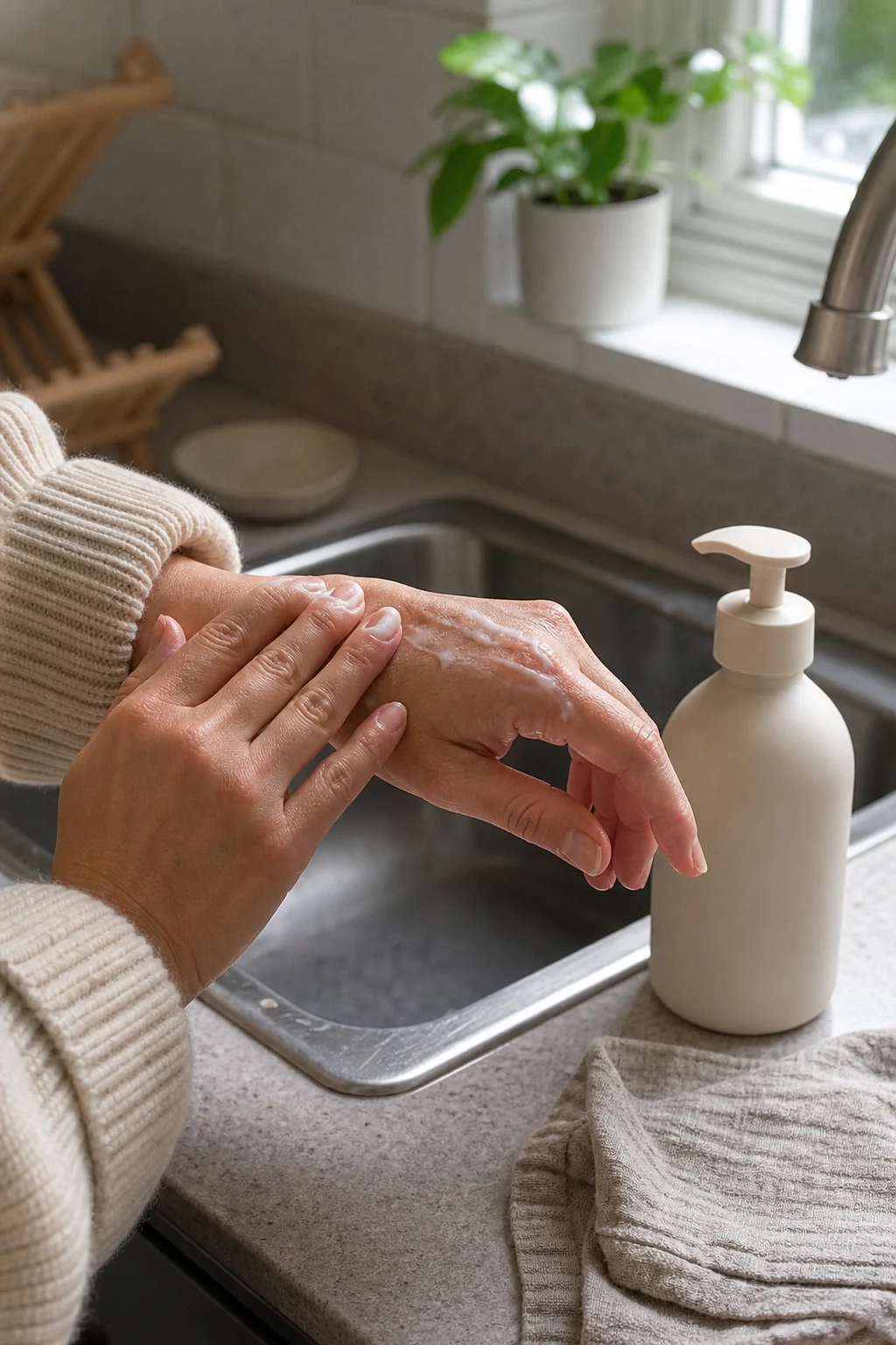 Person applying hand cream beside a kitchen sink after washing hands