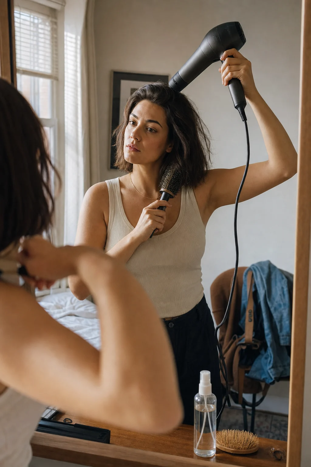 Person blow-drying hair before work in a small bedroom