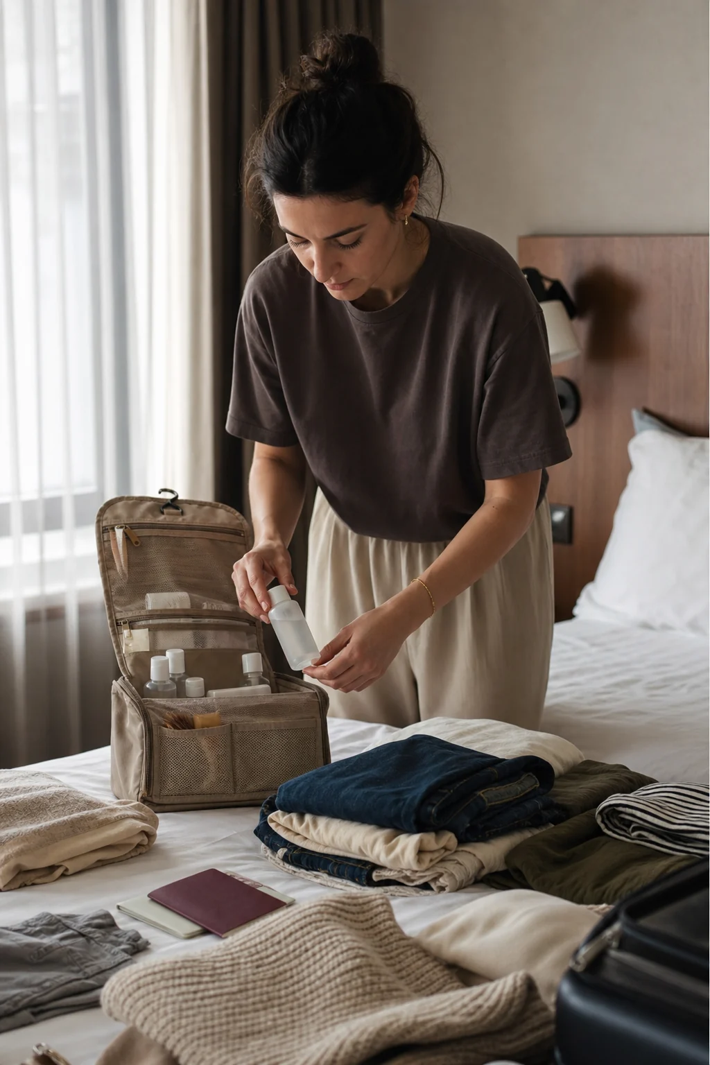 Traveler packing skincare into a hanging beauty organizer on a bed
