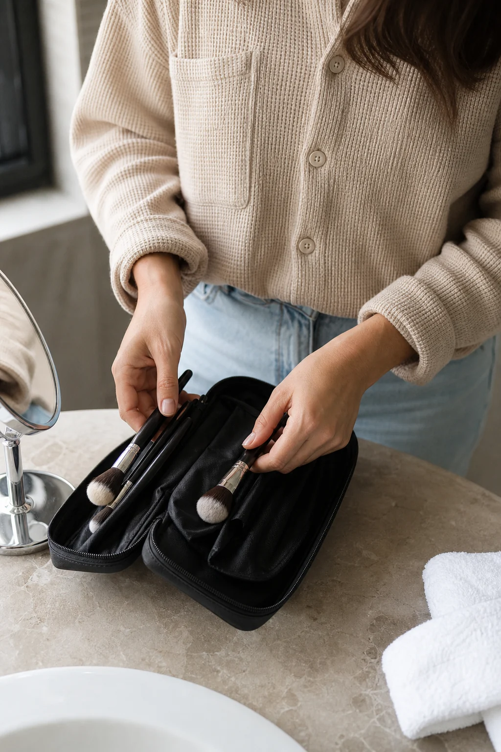 Compact makeup brush case open on a hotel bathroom counter